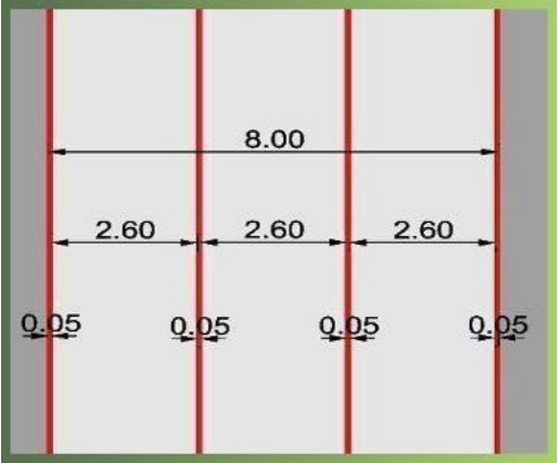 100m sprint lanes layout: three 2.60m lanes separated by 0.05m red lines, total 8.00m width